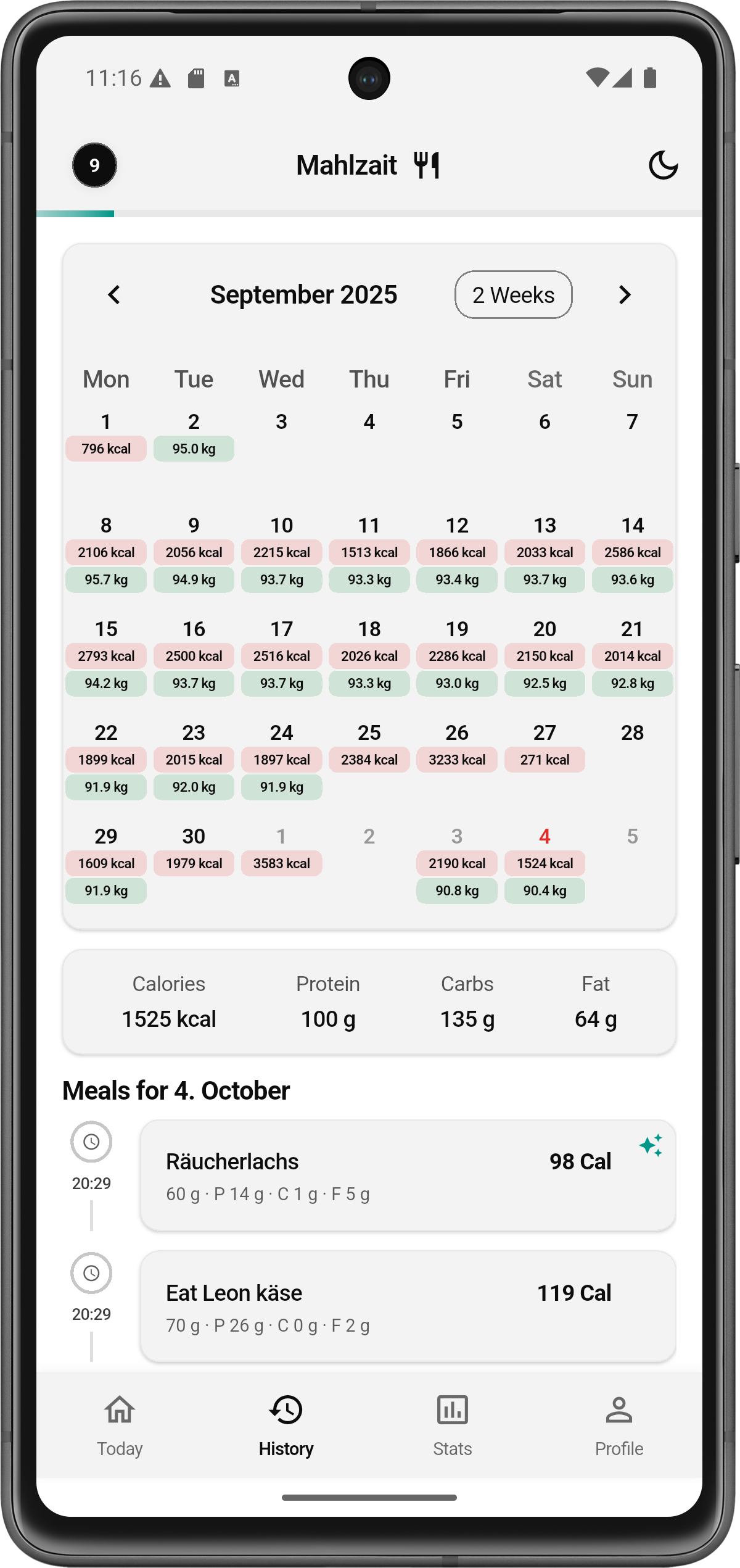 Gewicht & Kalender - Mahlzait App Ansicht