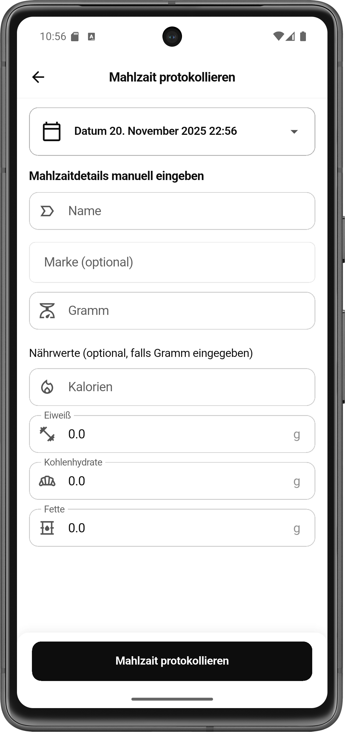 Manuelle Eingabe - Mahlzait App Ansicht