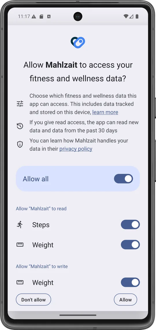 Health-Integration - Mahlzait App Ansicht