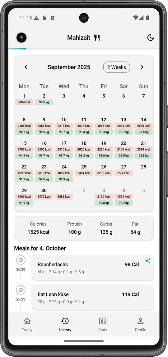 Gewicht & Kalender - Mahlzait App Ansicht