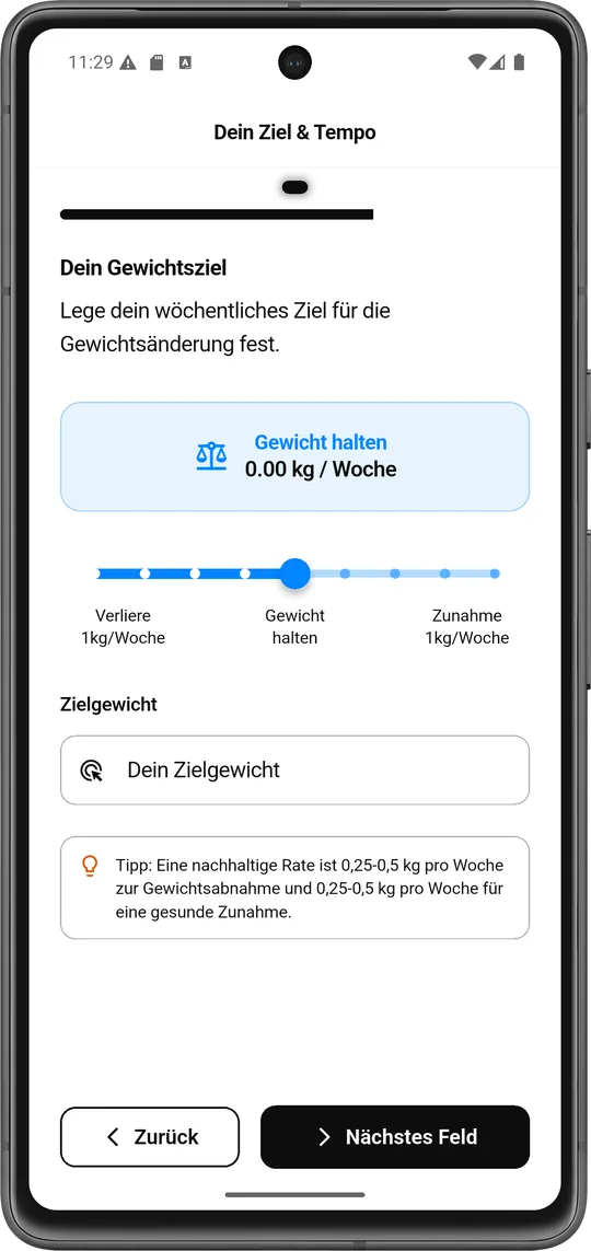 Schritt 2: Gewichtsziel festlegen - Mahlzait Anleitung