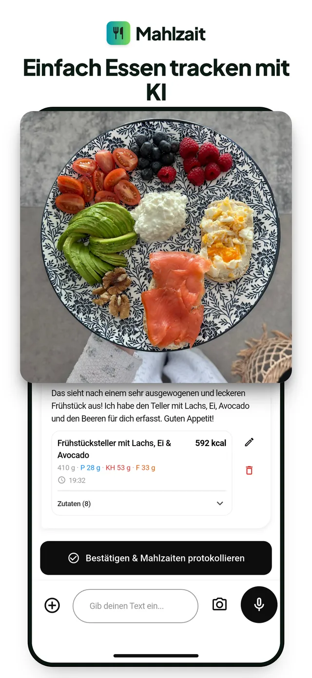 Ein fotografierter Frühstücksteller mit Lachs, Ei und Avocado, von der KI als Mahlzeit mit 592 kcal erkannt