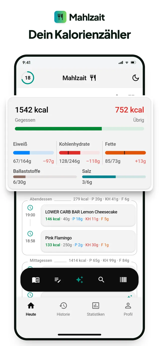 Tagesübersicht: 1.542 kcal gegessen, 752 übrig, Eiweiß, Kohlenhydrate und Fette als Balken