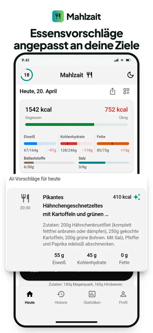 KI-Essensvorschlag für heute: pikantes Hähnchengeschnetzeltes mit Kartoffeln, 410 kcal, passend zum Ziel