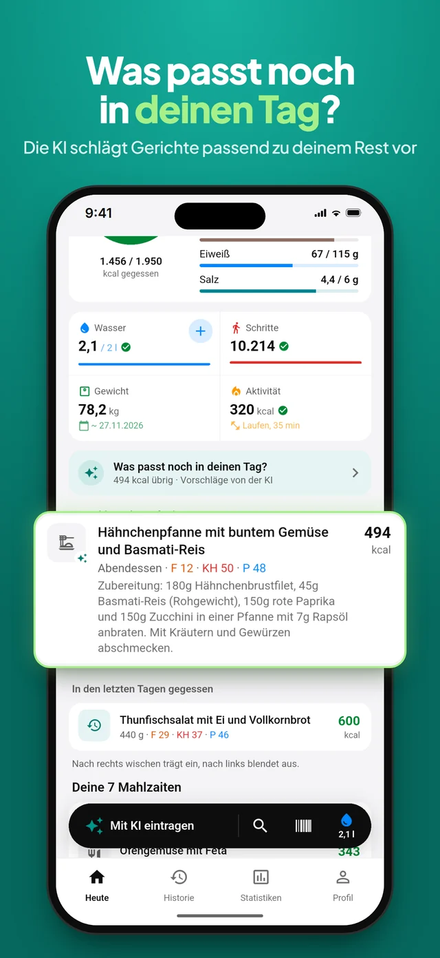 KI-Vorschlag für den Rest des Tages: Hähnchenpfanne mit buntem Gemüse und Basmati-Reis, 494 kcal