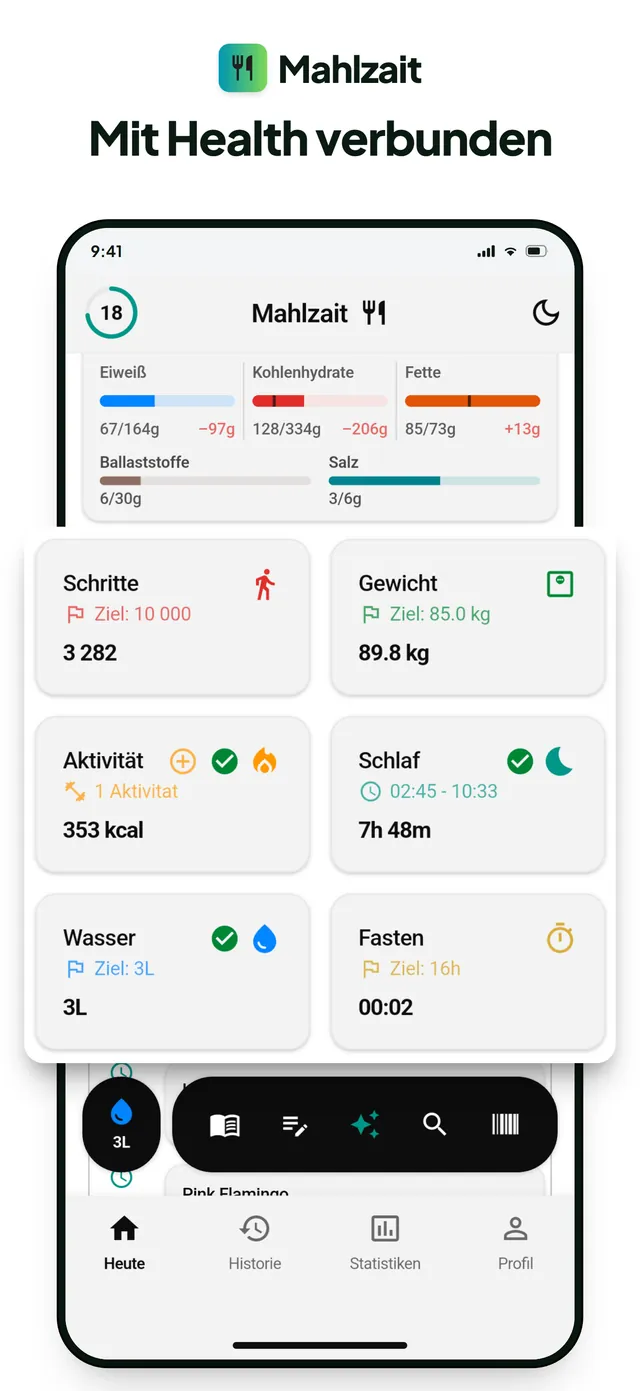 Mit Apple Health verbunden: Schritte, Gewicht, Aktivität, Schlaf, Wasser und Fasten auf einen Blick