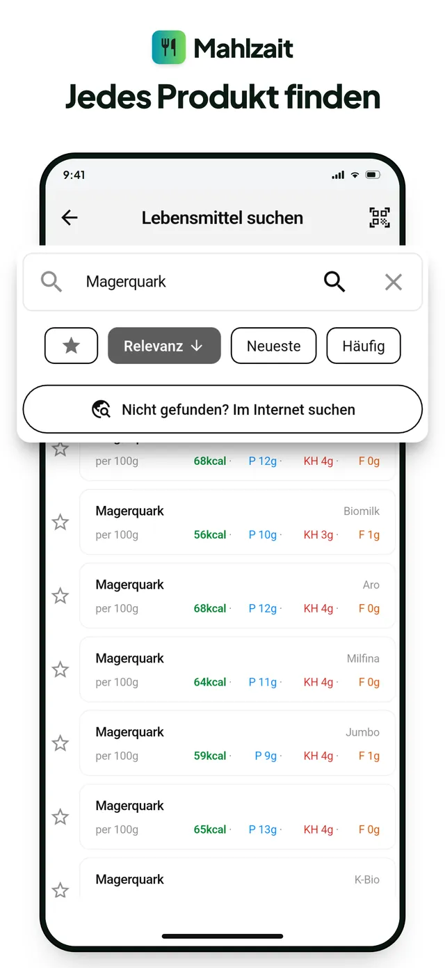 Lebensmittelsuche nach Magerquark mit Nährwerten je 100 g verschiedener Marken