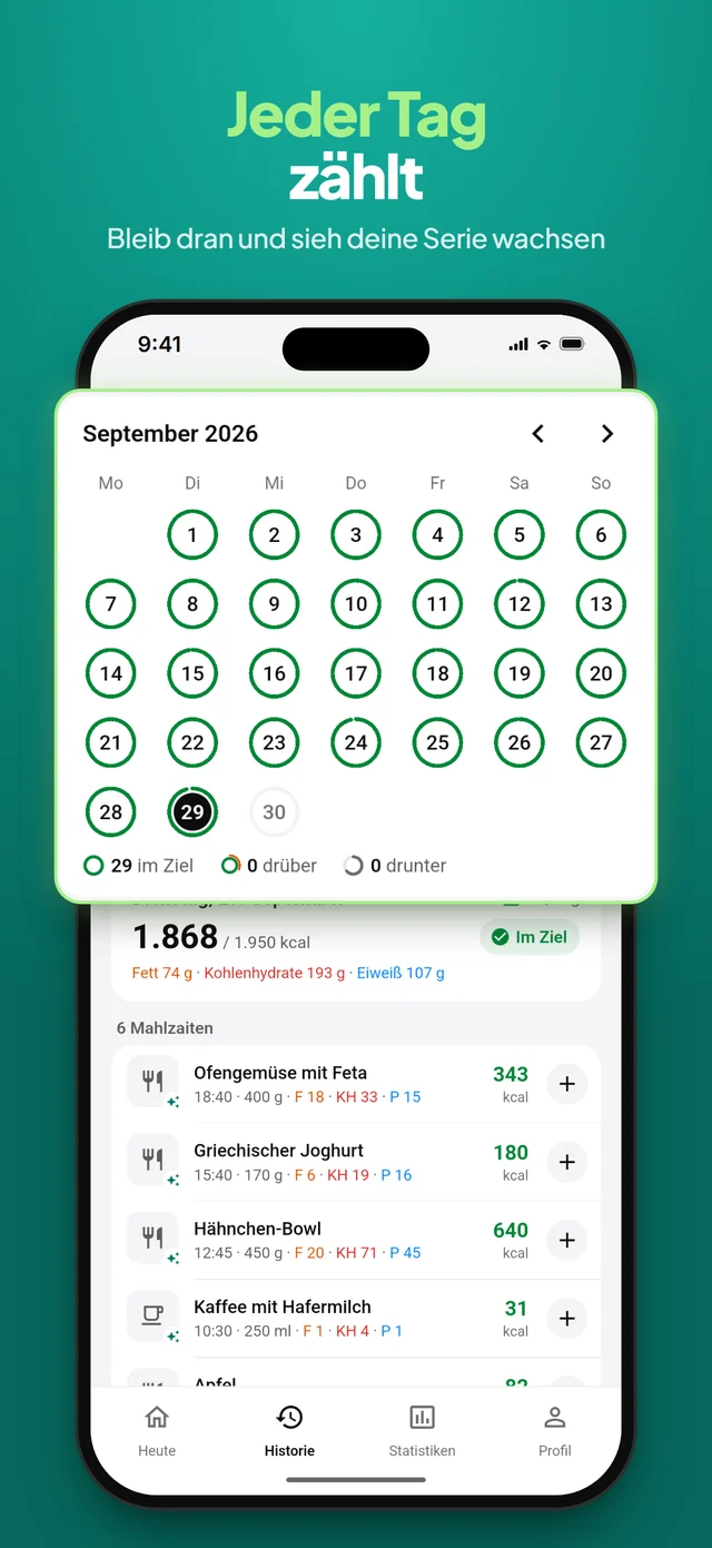 Kalender September 2026 mit 29 Tagen im Ziel und dem Tagesstand samt Mahlzeiten