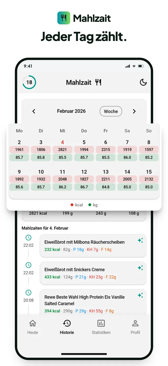 Kalenderansicht Februar 2026 mit Kalorien und Eiweiß pro Tag