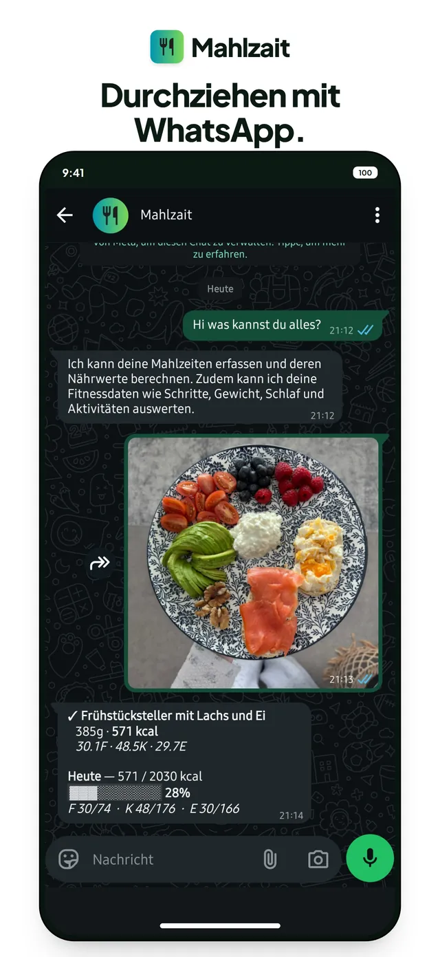 Mahlzeit per WhatsApp an Mahlzait schicken: Foto vom Teller, Antwort mit 571 kcal und Tagesstand